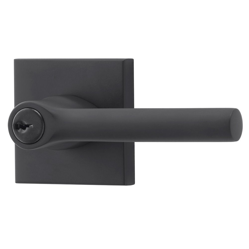 Keyed Tube Door Lever with Contemporary Square Rose in Satin Black