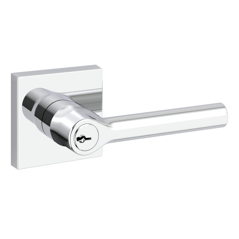 Keyed Tube Door Lever with Contemporary Square Rose in Polished Chrome