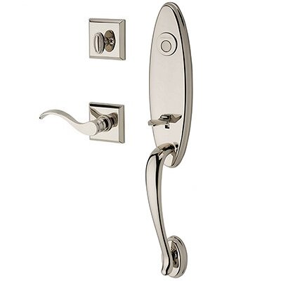Right Handed Full Dummy Chesapeake Handleset with Curve Door Lever with Traditional Square Rose in Polished Nickel