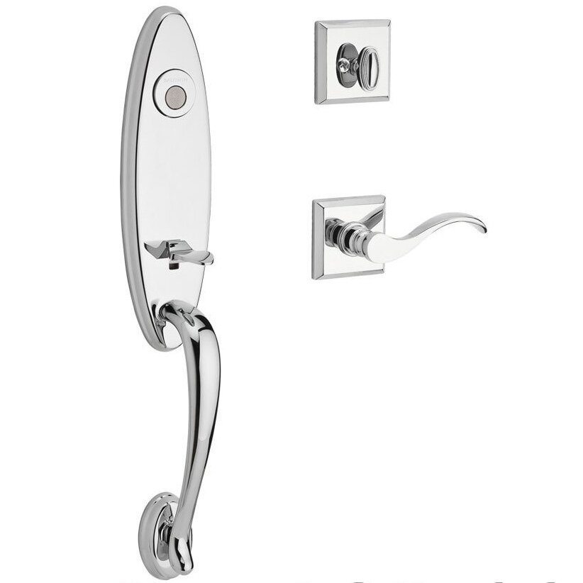 Handleset with Right Handed Curve Lever and Traditional Square Rose in Polished Chrome