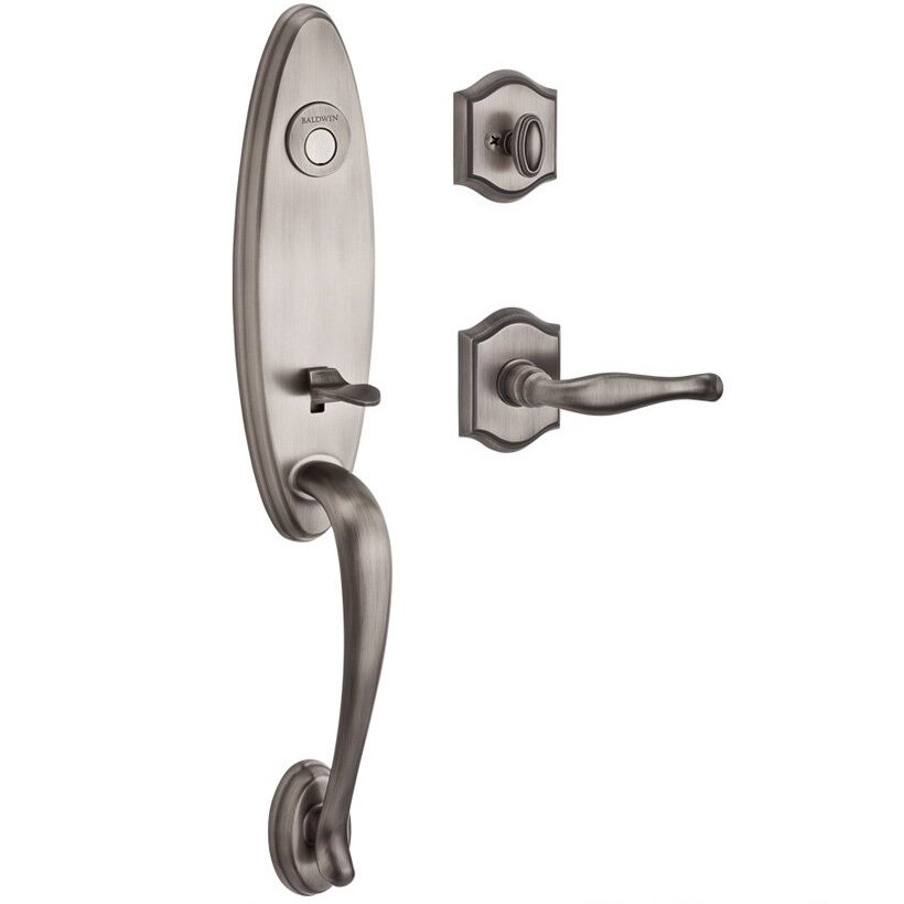 Handleset with Left Handed Decorative Lever and Traditional Arch Rose in Matte Antique Nickel