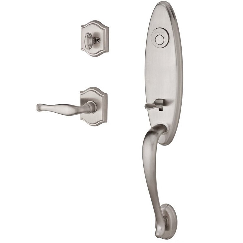 Handleset with Right Handed Decorative Lever and Traditional Arch Rose in Satin Nickel