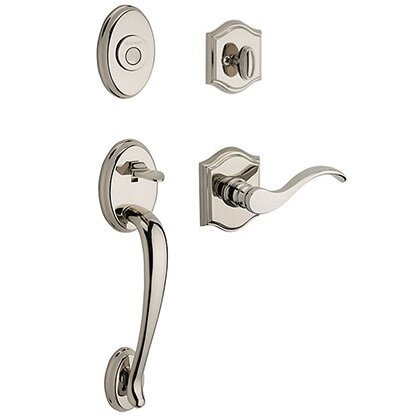Left Handed Full Dummy Columbus Handleset with Curve Door Lever with Traditional Arch Rose in Polished Nickel