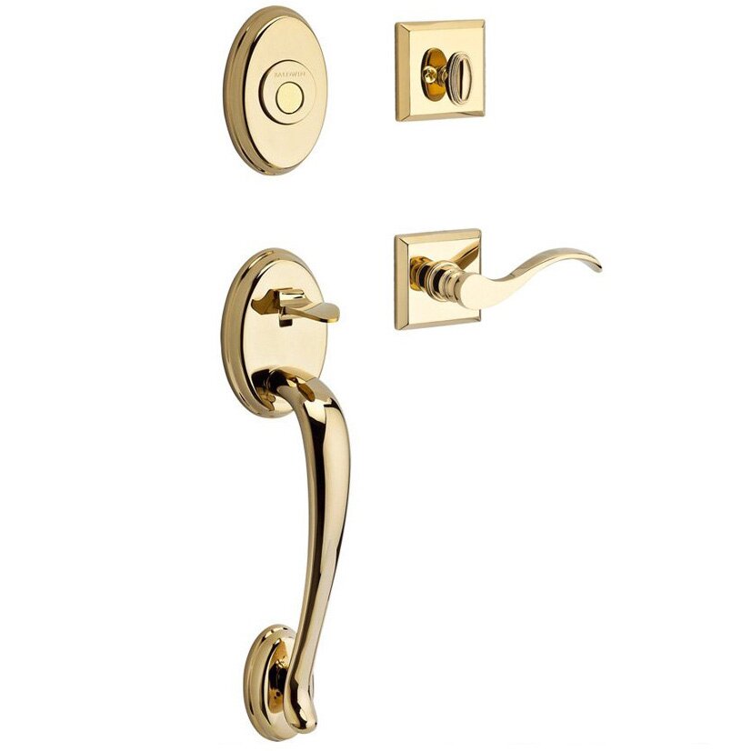 Handleset with Left Handed Curve Lever and Traditional Square Rose in Polished Brass