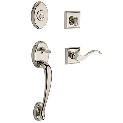 Left Handed Full Dummy Columbus Handleset with Curve Door Lever with Traditional Square Rose in Polished Nickel