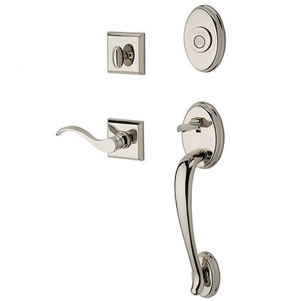 Right Handed Full Dummy Columbus Handleset with Curve Door Lever with Traditional Square Rose in Polished Nickel