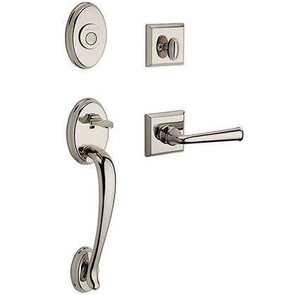 Left Handed Full Dummy Columbus Handleset with Federal Door Lever with Traditional Square Rose in Polished Nickel