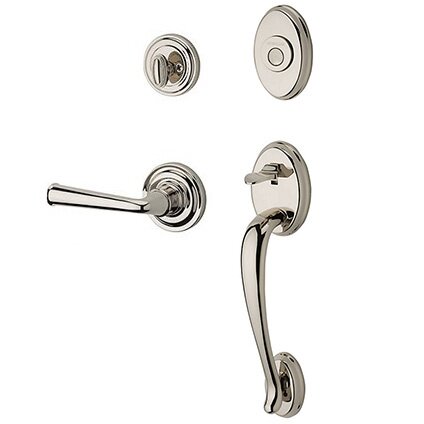 Right Handed Full Dummy Columbus Handleset with Federal Door Lever with Traditional Round Rose in Polished Nickel