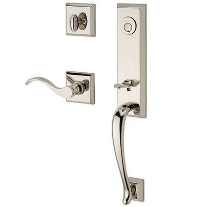 Right Handed Full Dummy Del Mar Handleset with Curve Door Lever with Traditional Square Rose in Polished Nickel