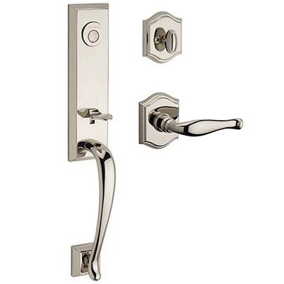 Left Handed Full Dummy Del Mar Handleset with Decorative Door Lever with Traditional Arch Rose in Polished Nickel