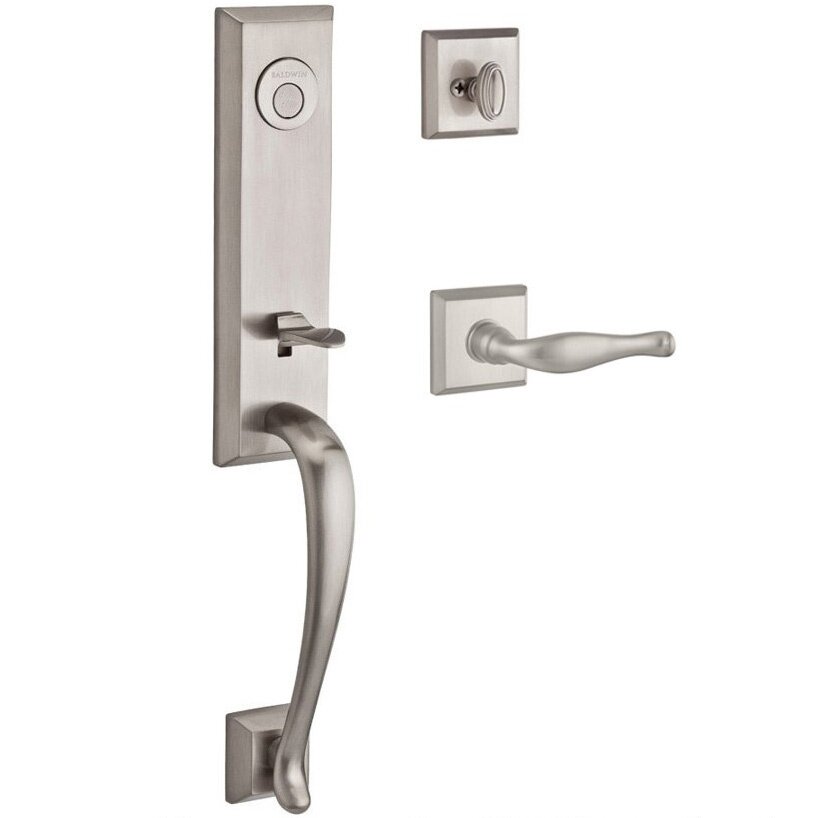 Handleset with Left Handed Decorative Lever and Traditional Square Rose in Satin Nickel