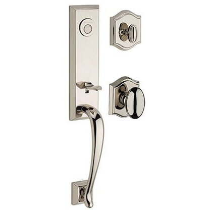 Full Dummy Del Mar Handleset with Ellipse Door Knob with Traditional Arch Rose in Polished Nickel