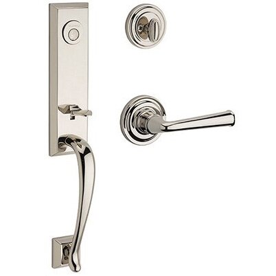 Left Handed Full Dummy Del Mar Handleset with Federal Door Lever with Traditional Round Rose in Polished Nickel