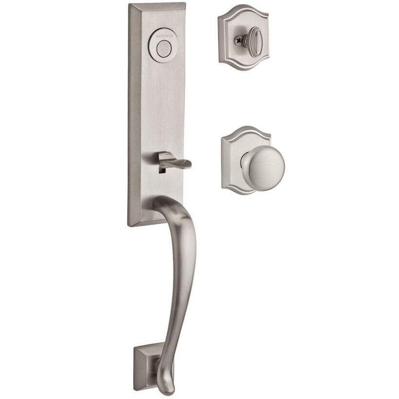 Handleset with Round Knob and Traditional Arch Rose in Satin Nickel