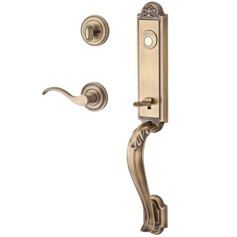 Handleset with Right Handed Curve Lever and Traditional Round Rose in Matte Brass & Black