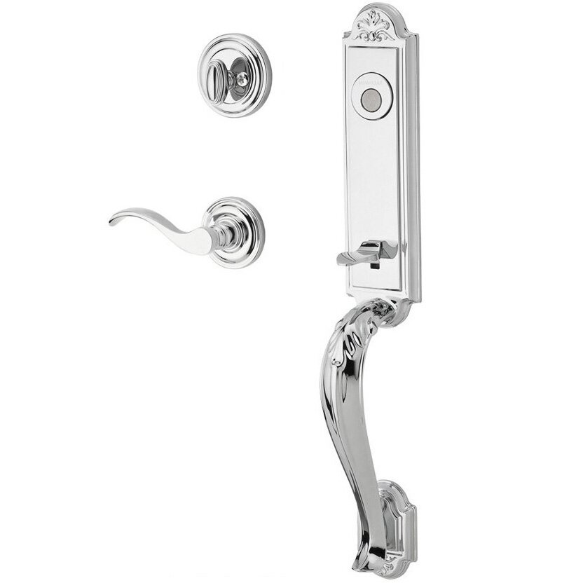 Handleset with Right Handed Curve Lever and Traditional Round Rose in Polished Chrome
