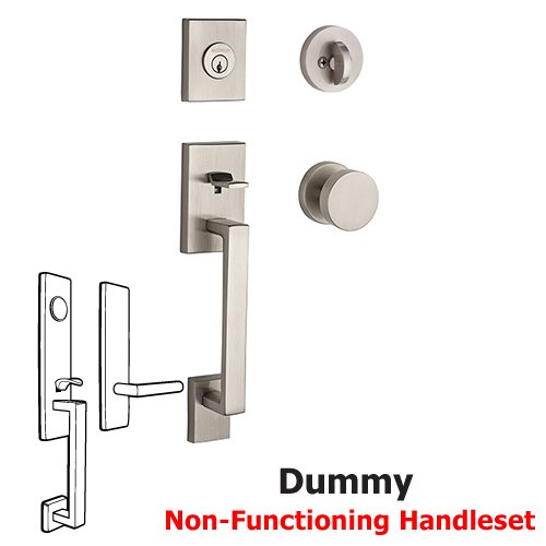 Full Dummy La Jolla Handleset with Contemporary Door Knob with Contemporary Round Rose in Satin Nickel