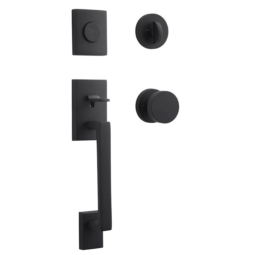 Full Dummy La Jolla Handleset with Contemporary Door Knob with Contemporary Round Rose in Satin Black