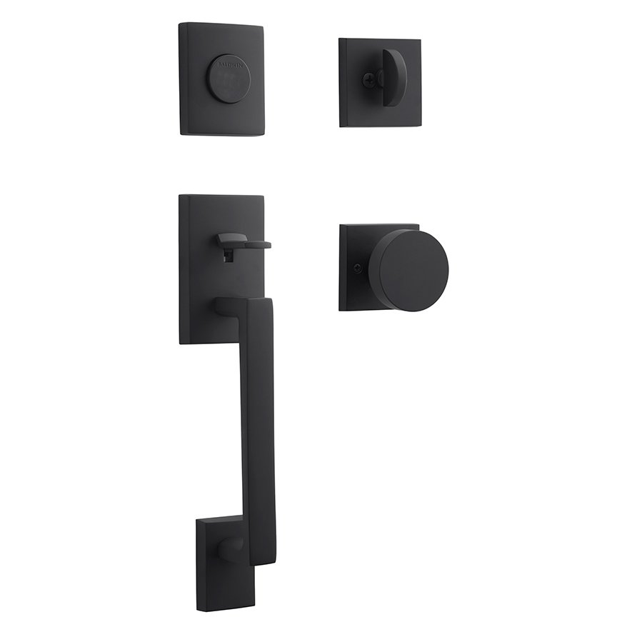 Full Dummy La Jolla Handleset with Contemporary Door Knob with Contemporary Square Rose in Satin Black