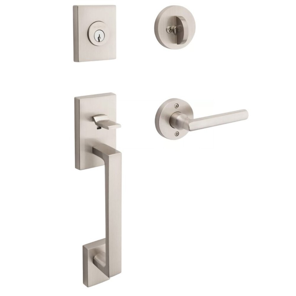 Left Handed Full Dummy La Jolla Handleset with Square Door Lever with Contemporary Round Rose in Polished Nickel