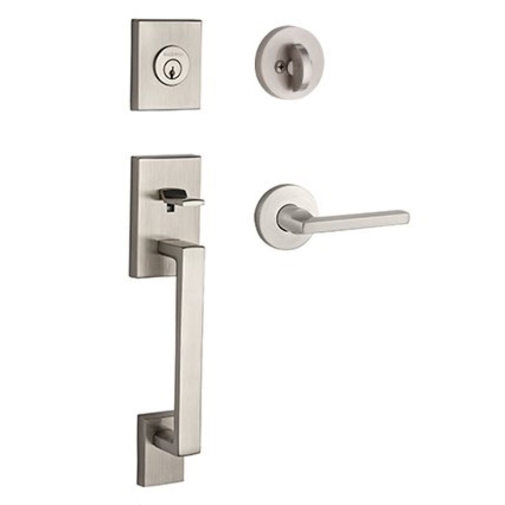 Left Handed Full Dummy La Jolla Handleset with Square Door Lever with Contemporary Round Rose in Satin Nickel