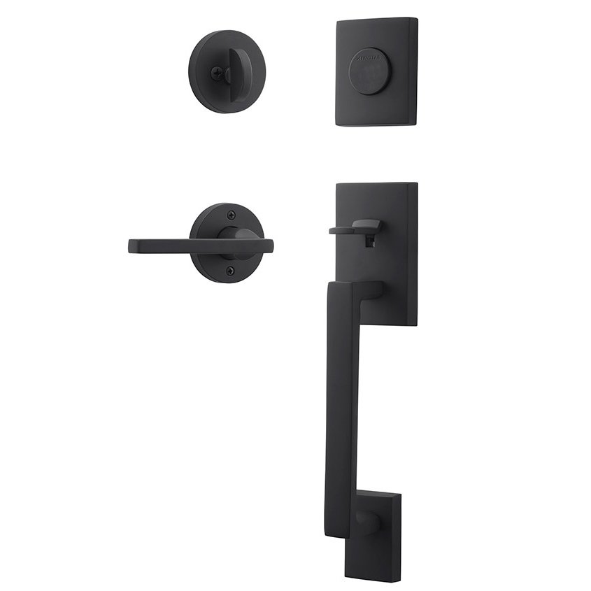 Left Handed Full Dummy La Jolla Handleset with Square Door Lever with Contemporary Round Rose in Satin Black