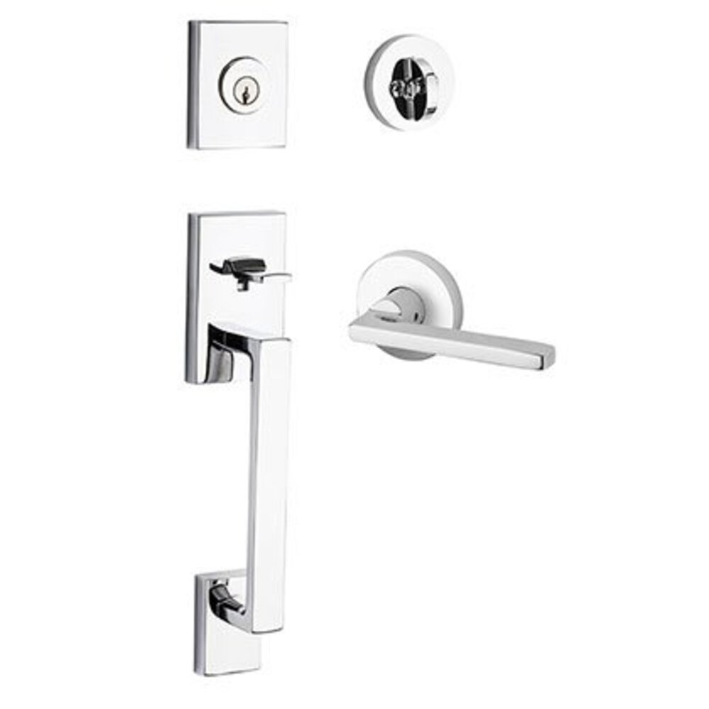 Left Handed Full Dummy La Jolla Handleset with Square Door Lever with Contemporary Round Rose in Polished Chrome