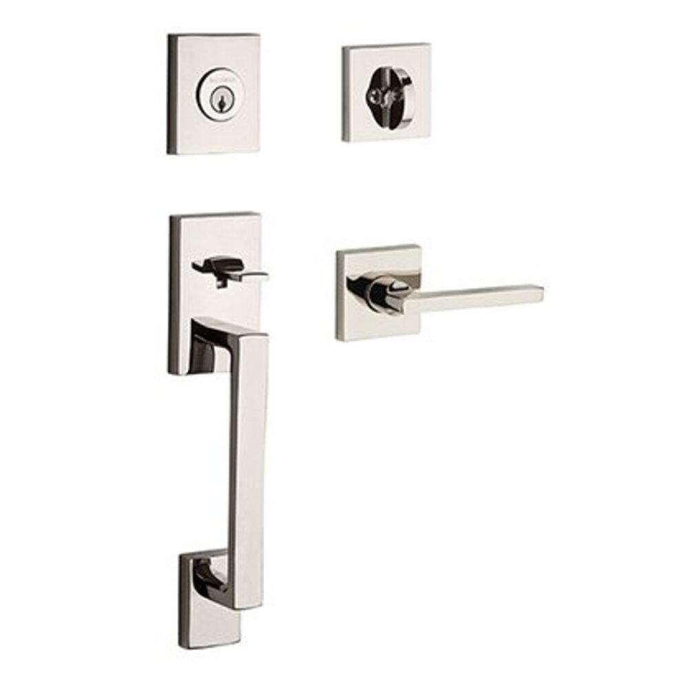 Left Handed Full Dummy La Jolla Handleset with Square Door Lever with Contemporary Square Rose in Polished Nickel