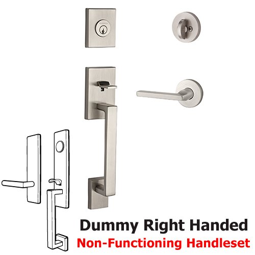 Right Handed Full Dummy La Jolla Handleset with Square Door Lever with Contemporary Round Rose in Satin Nickel