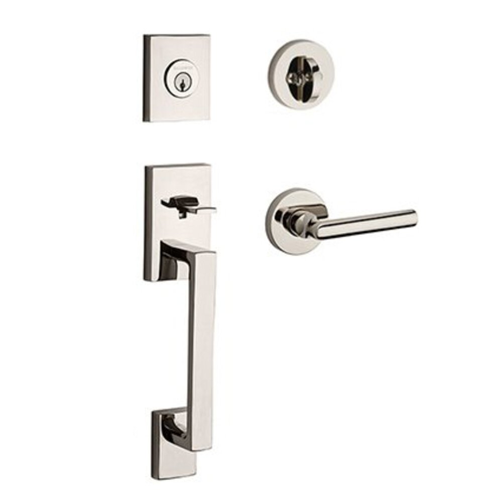 Left Handed Full Dummy La Jolla Handleset with Tube Door Lever with Contemporary Round Rose in Polished Nickel