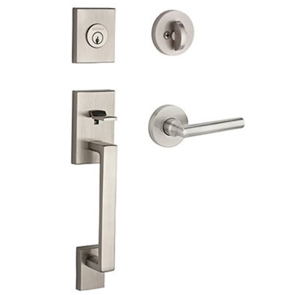 Left Handed Full Dummy La Jolla Handleset with Tube Door Lever with Contemporary Round Rose in Satin Nickel