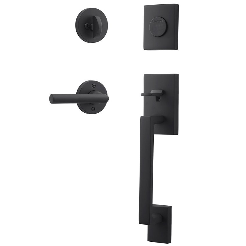 Left Handed Full Dummy La Jolla Handleset with Tube Door Lever with Contemporary Round Rose in Satin Black