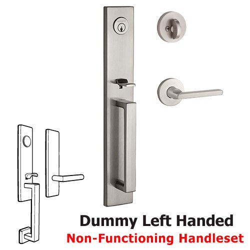 Left Handed Full Dummy Santa Cruz Handleset with Square Door Lever with Contemporary Round Rose in Satin Nickel