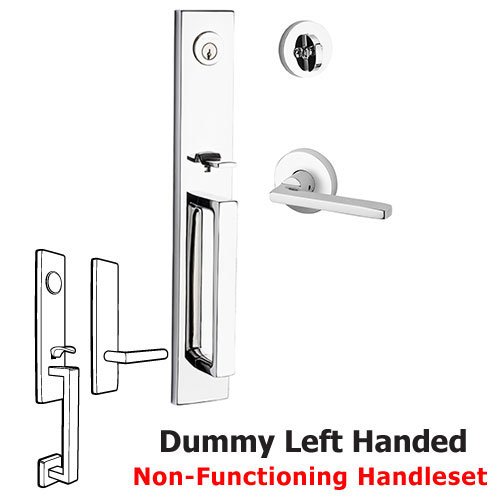 Left Handed Full Dummy Santa Cruz Handleset with Square Door Lever with Contemporary Round Rose in Polished Chrome