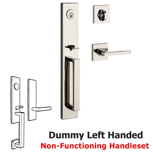 Left Handed Full Dummy Santa Cruz Handleset with Square Door Lever with Contemporary Square Rose in Polished Nickel