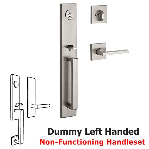 Left Handed Full Dummy Santa Cruz Handleset with Square Door Lever with Contemporary Square Rose in Satin Nickel