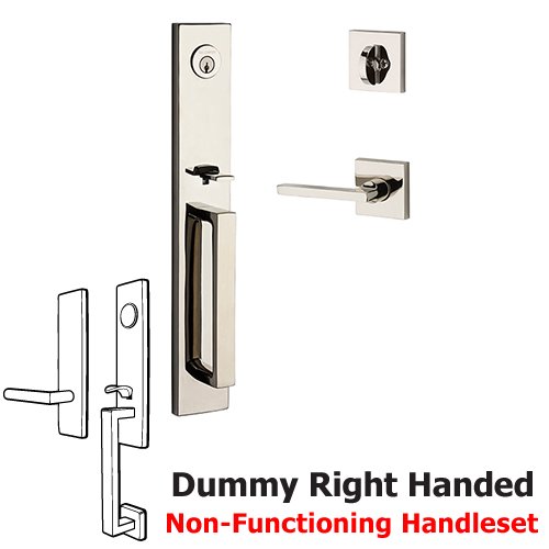 Right Handed Full Dummy Santa Cruz Handleset with Square Door Lever with Contemporary Square Rose in Polished Nickel