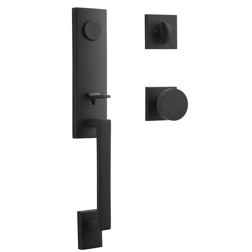 Full Dummy Seattle Handleset with Contemporary Door Knob with Contemporary Square Rose in Satin Black