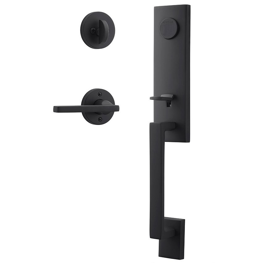 Handleset with Left Handed Square Lever and Contemporary Round Rose in Satin Black