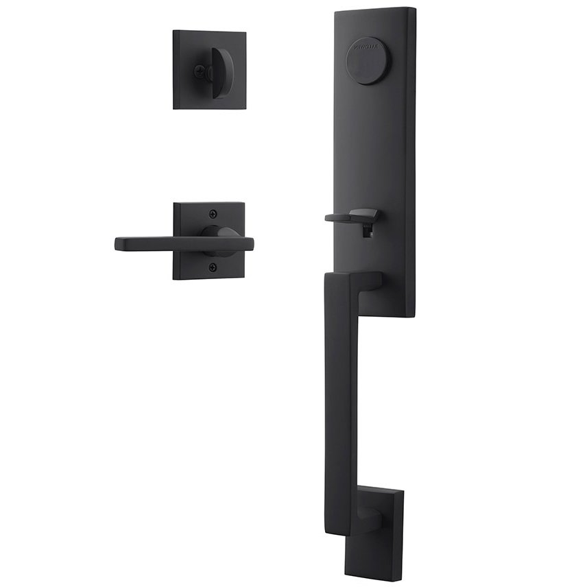 Handleset with Left Handed Square Lever and Contemporary Square Rose in Satin Black
