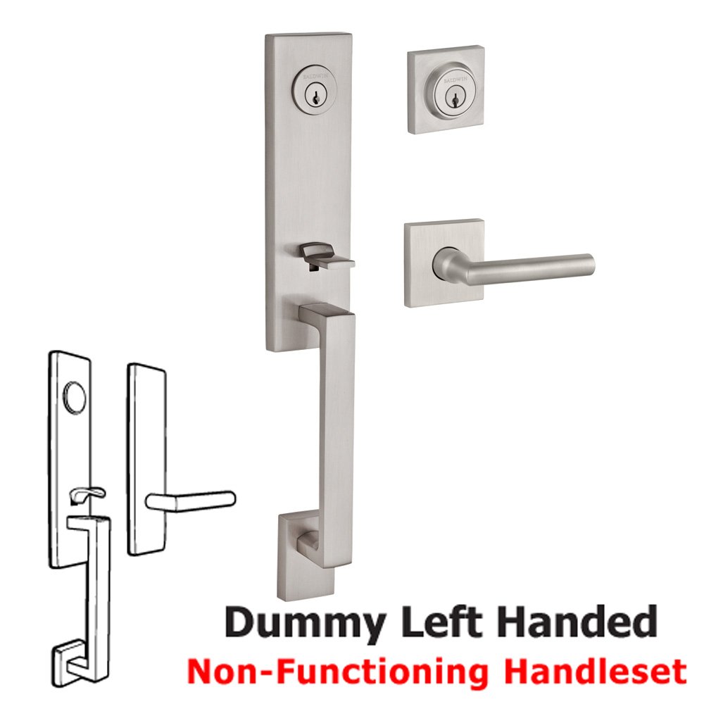Handleset with Left Handed Tube Lever and Contemporary Square Rose in Satin Nickel