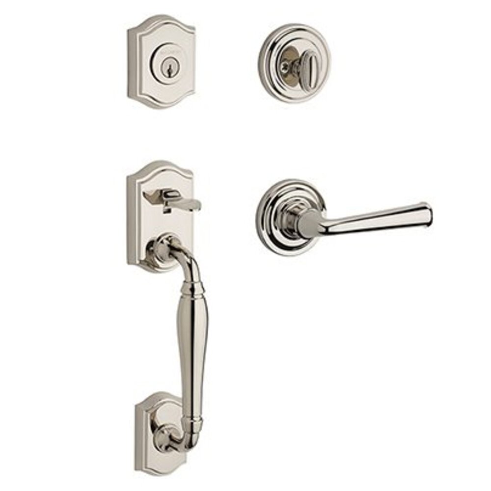 Left Handed Full Dummy Westcliff Handleset with Federal Door Lever with Traditional Round Rose in Polished Nickel