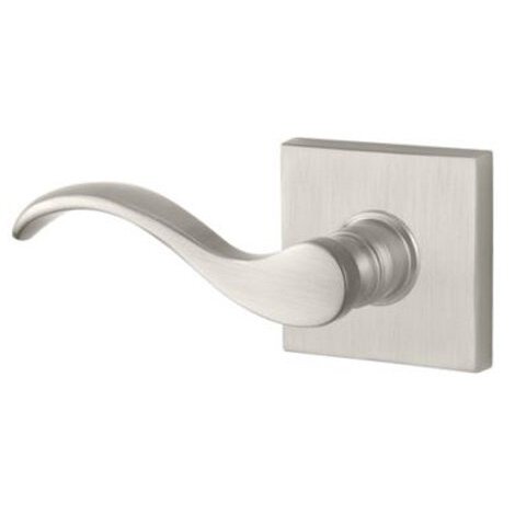 Left Handed Single Dummy Door Lever with Contemporary Square Rose in Satin Nickel