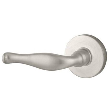 Left Handed Single Dummy Door Lever with Contemporary Round Rose in Satin Nickel
