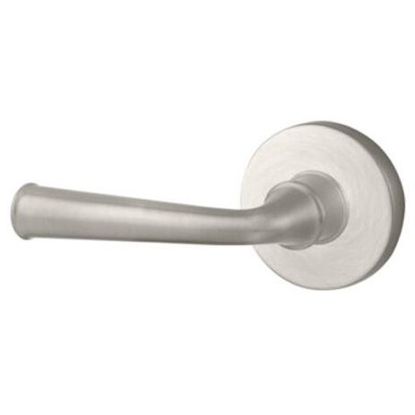 Left Handed Single Dummy Door Lever with Contemporary Round Rose in Satin Nickel