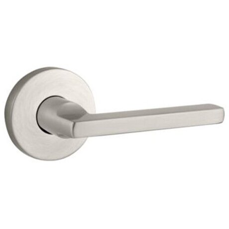 Right Handed Single Dummy Door Lever with Contemporary Round Rose in Satin Nickel