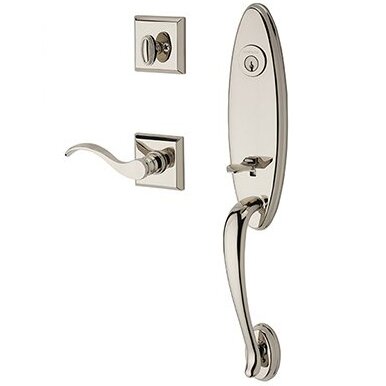 Right Handed Single Cylinder Chesapeake Handleset with Curve Door Lever with Traditional Square Rose in Polished Nickel