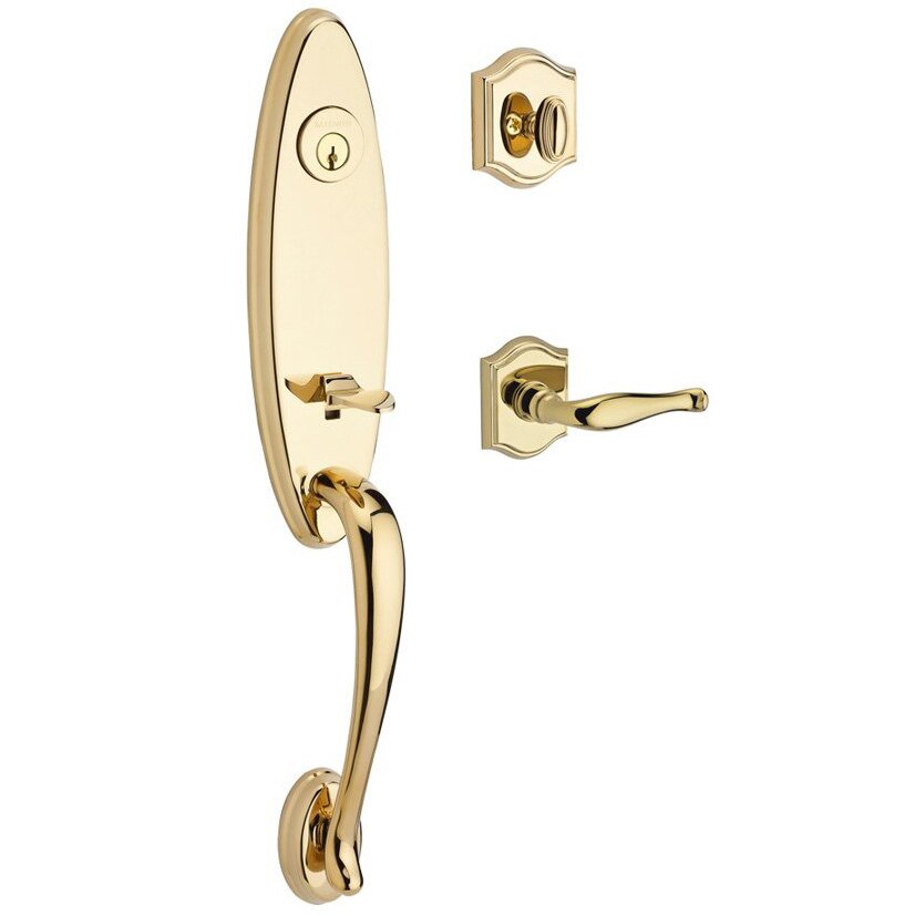 Handleset with Left Handed Decorative Lever and Traditional Arch Rose in Polished Brass