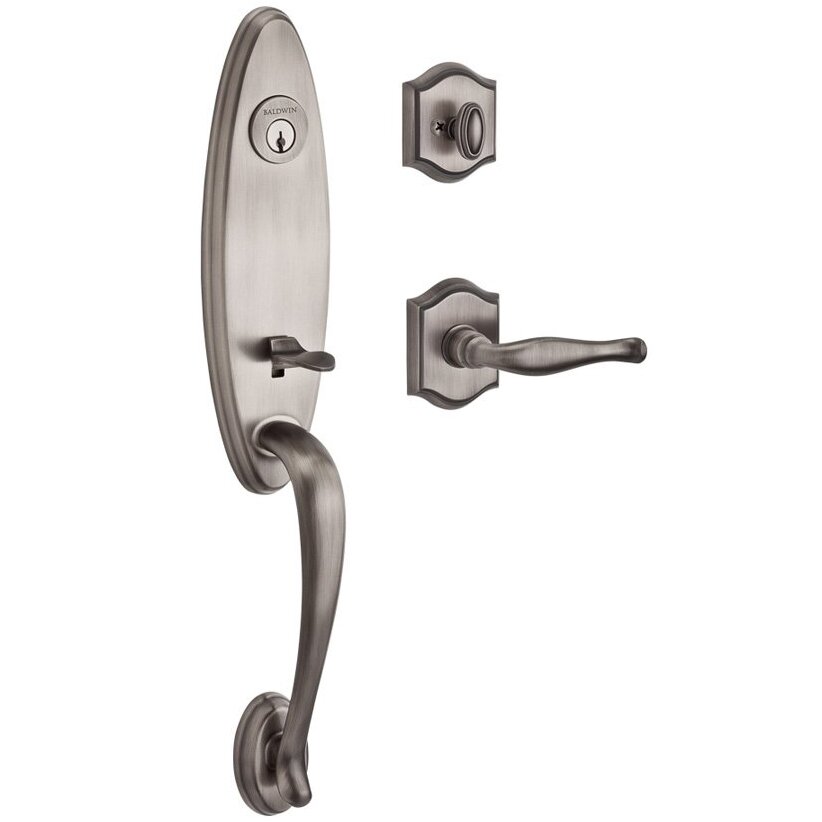 Handleset with Left Handed Decorative Lever and Traditional Arch Rose in Matte Antique Nickel