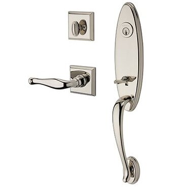 Right Handed Single Cylinder Chesapeake Handleset with Decorative Door Lever with Traditional Square Rose in Polished Nickel